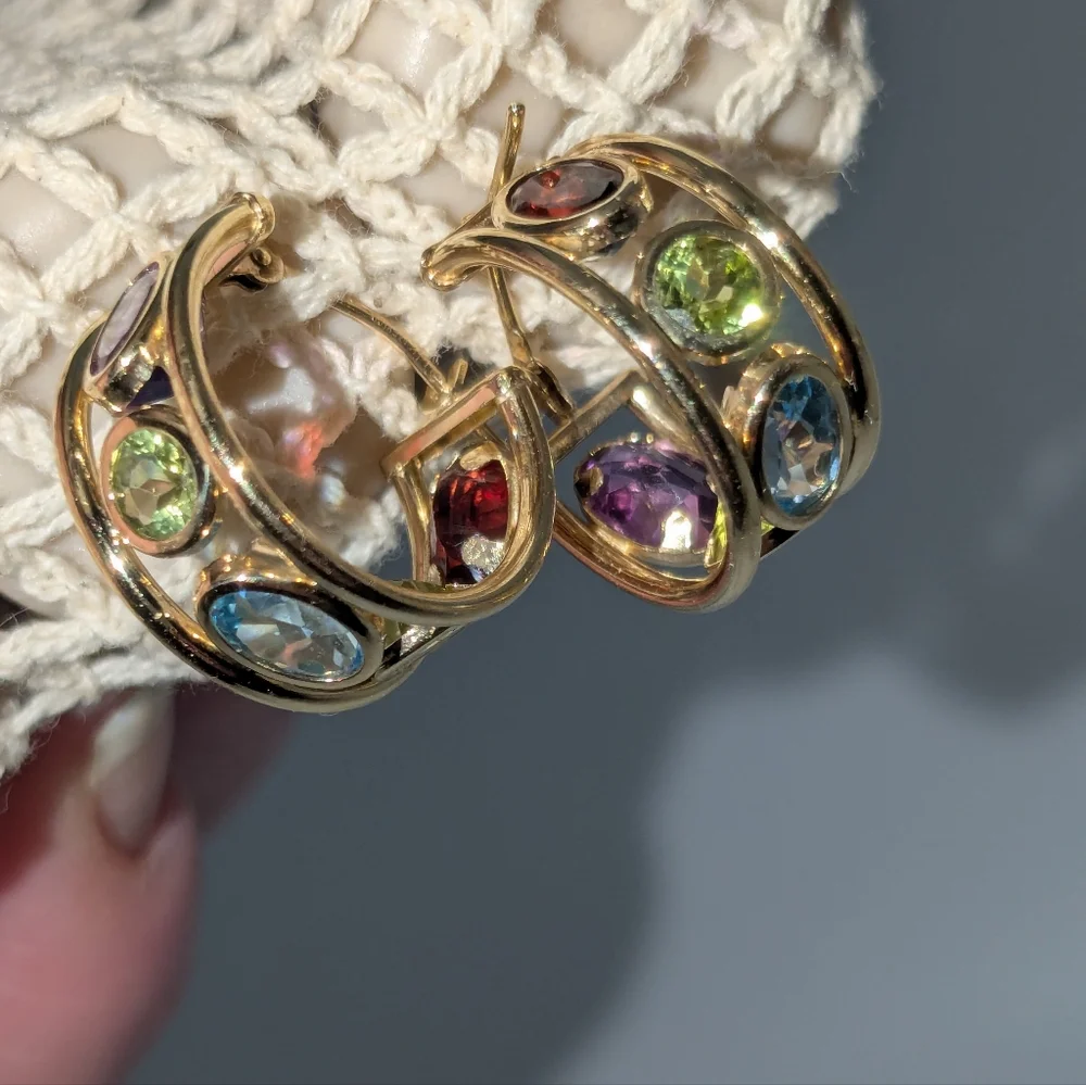 Sold ♥️14k Yellow Gold Amethyst Peridot Blue Topaz Multi-Gemstone Hoop Earrings - Picture 16 of 16